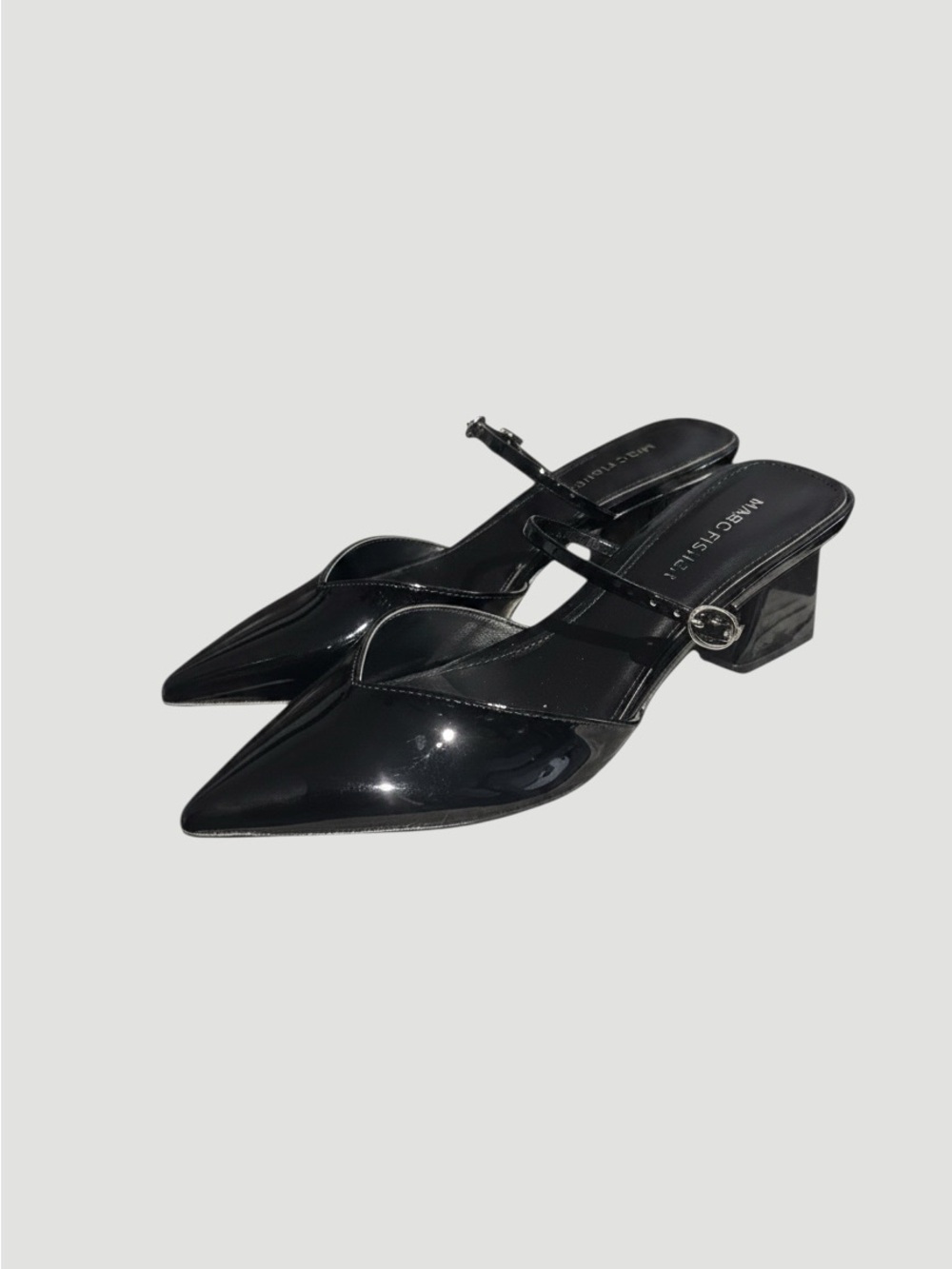 Marc Fisher Black Patent Pointed Toe Slingback Mules with Buckle Strap